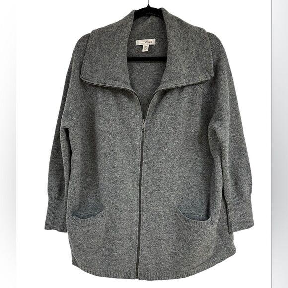 ELLEN TRACY Gray 100% Wool Zip Front Cardigan Sweater, shawl collar. Size Medium - Picture 1 of 6